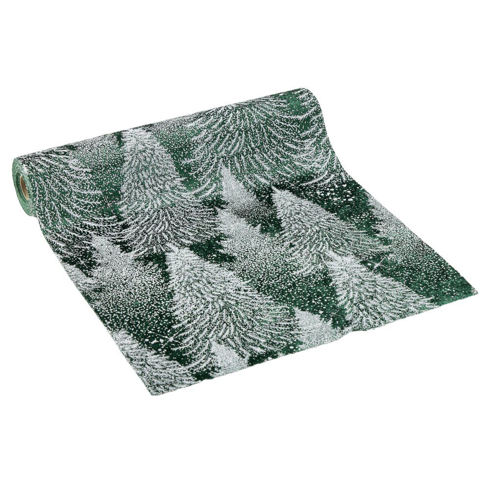 Chemin de table imitation velours imprimé sapins polyester L300X28X0,15 cm vert