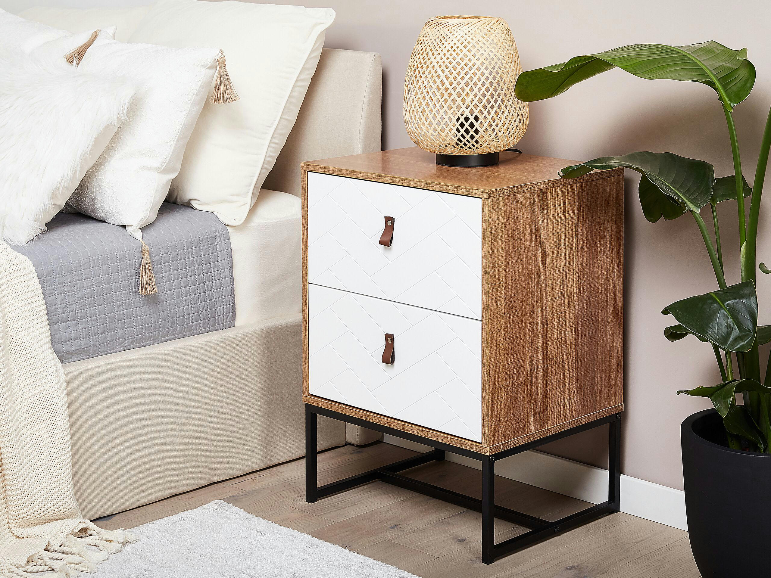NUEVA - Table de chevet effet bois clair et blanche 2 tiroirs