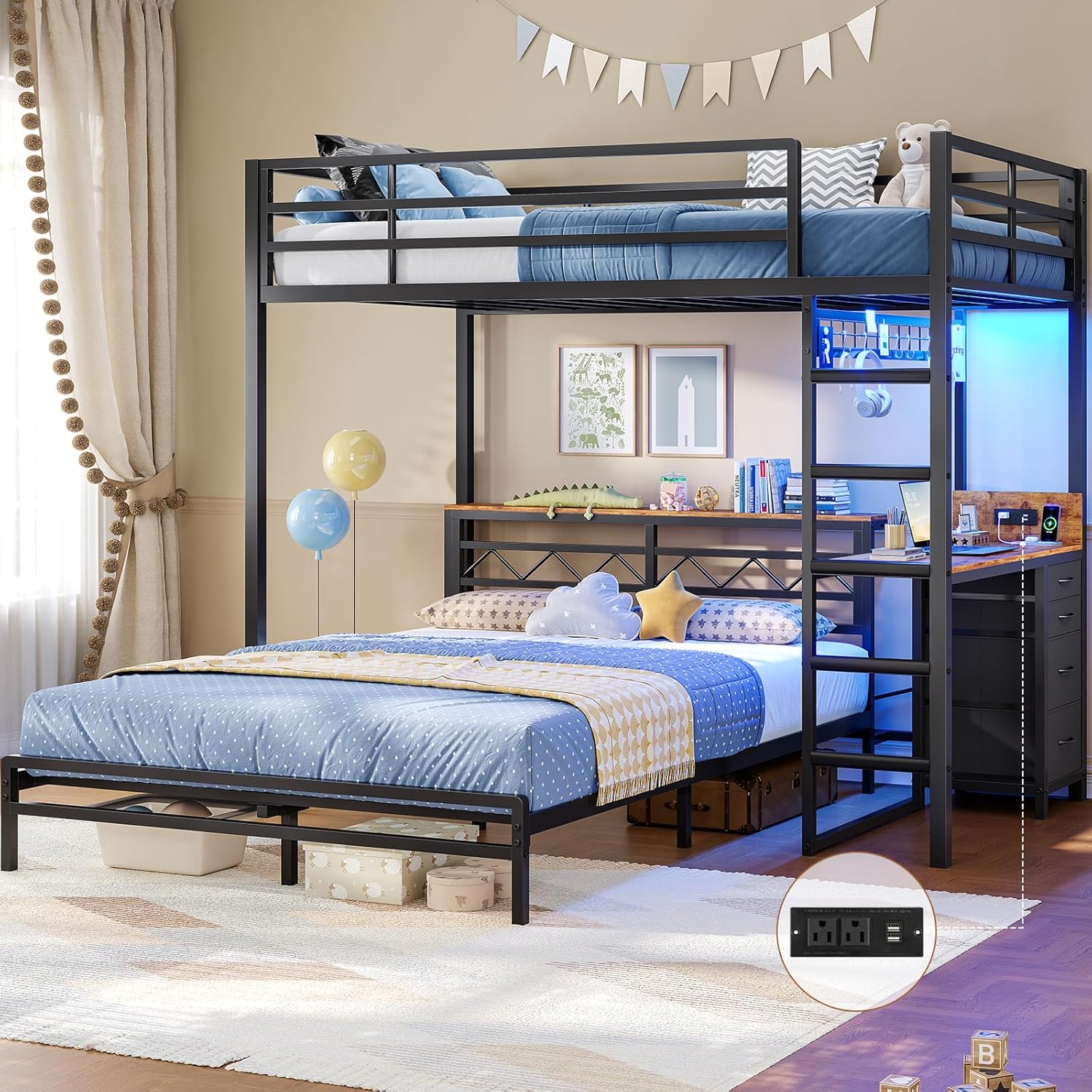 DICTAC Twin Over Full Bunk Bed with Desk,Led Lights and 4 Drawers,Metal Bunk Beds with Storage Headboard and Charging Station,L-Shaped bunk Bed for Kids/Teen with Safety Guardrail and Ladder,Black
