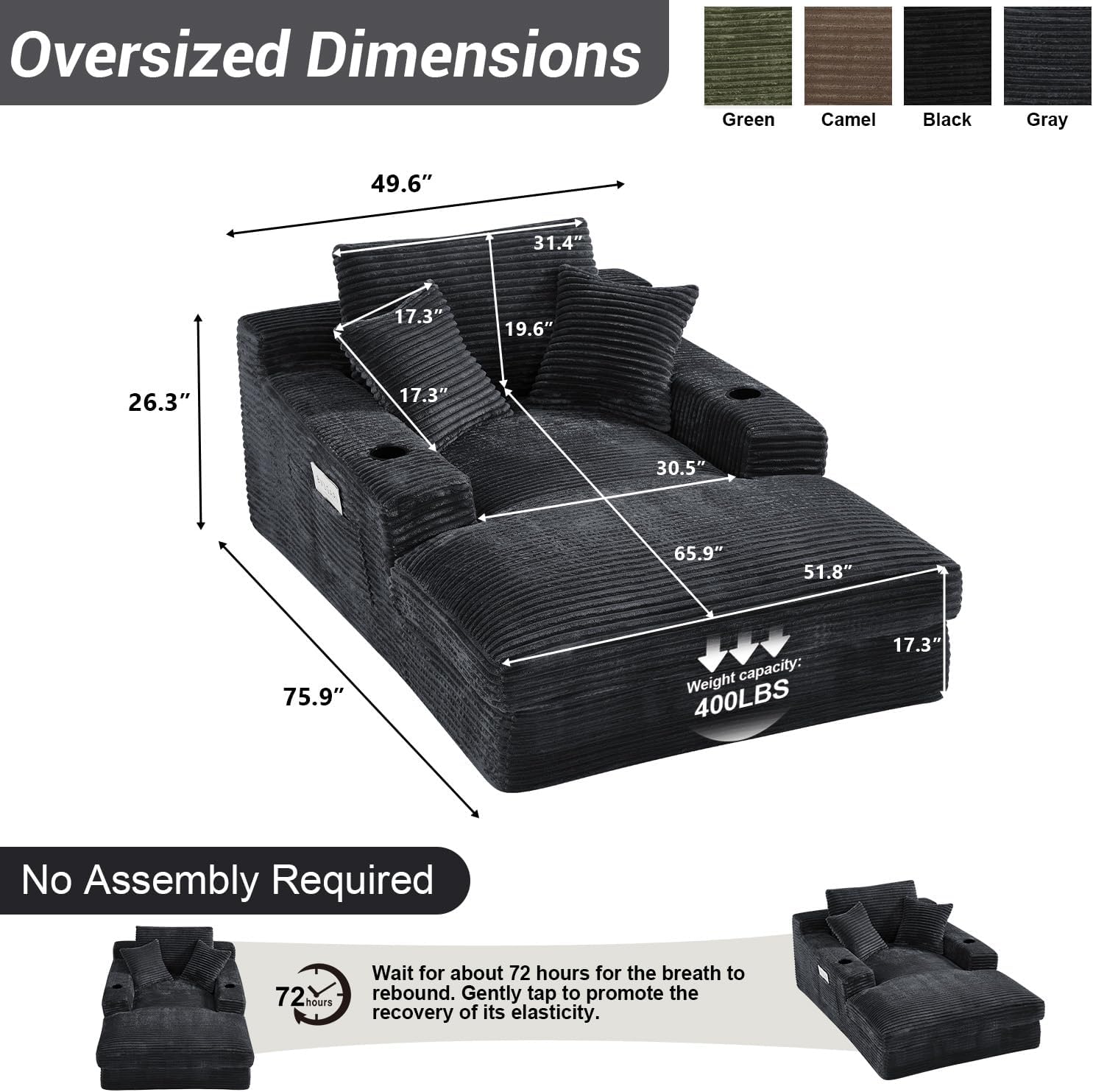 49.6W x 75.9D Super Oversized Chaise Lounge Chair Indoor Boneless Reading Chair Corduroy Recliner Deep Seat Sleeper Fluffy Comfy Sofa Bed Couch with Cup Holders for Living Room Bedroom, Dark Gray