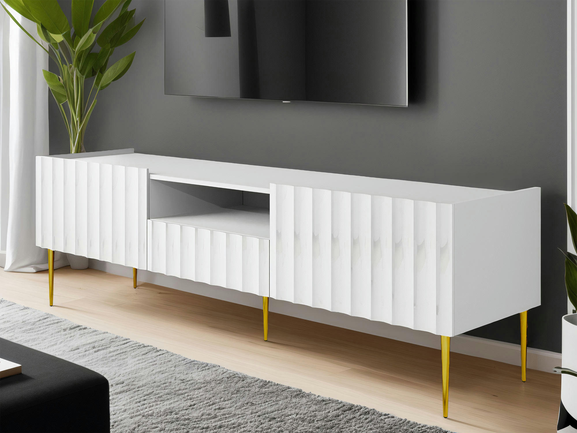 AMBRE - Meuble TV style contemporain 160 cm blanc / doré