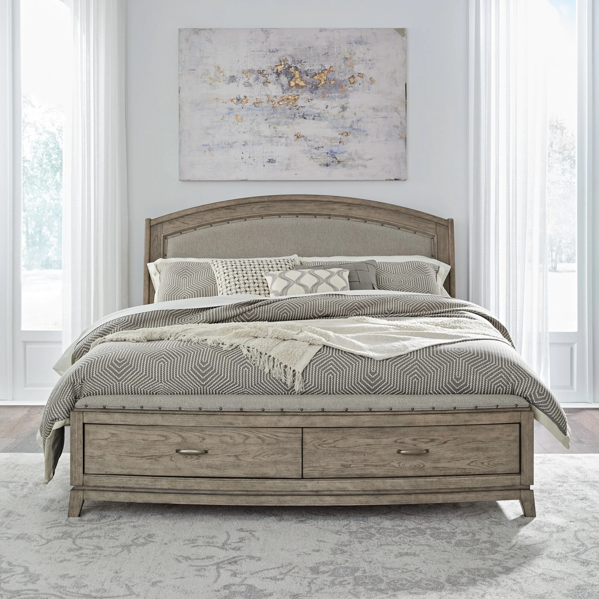 Avalon Burnished Beige Oak King Upholstered Storage Bed Bedroom Set