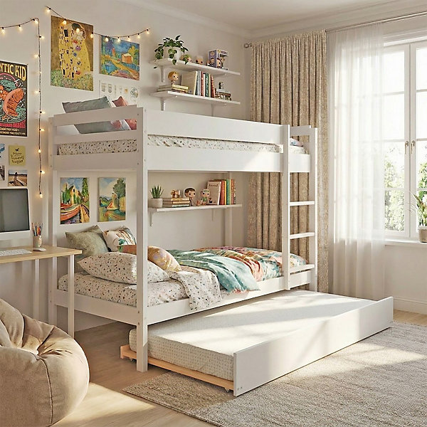 Lit superposé avec tiroir lit - 3 x 90 x 190 cm - Bois Pin massif - Blanc - Sommiers inclus - WALLY