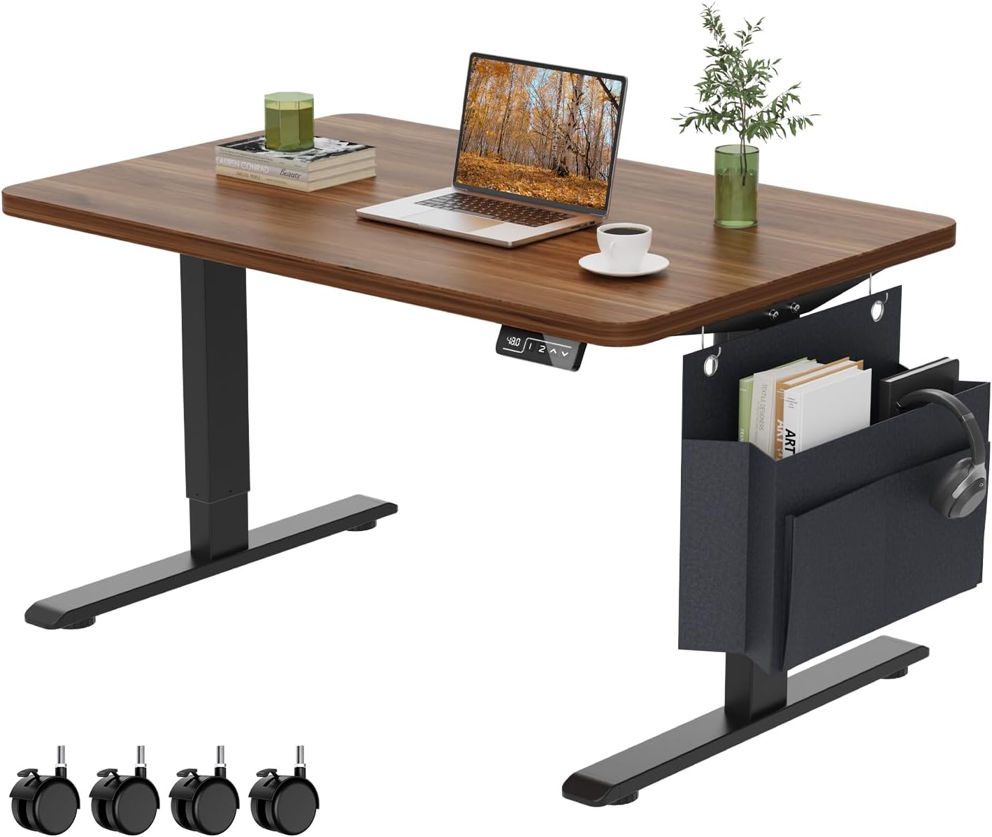 Coffee Table, Height Adjustable Electric Coffee Table with Storage Bag Lift Tabletop Dining Table Office Table with Lockable Wheels for Living Room (Dark Walnut Look, 40 x 24 Inches)
