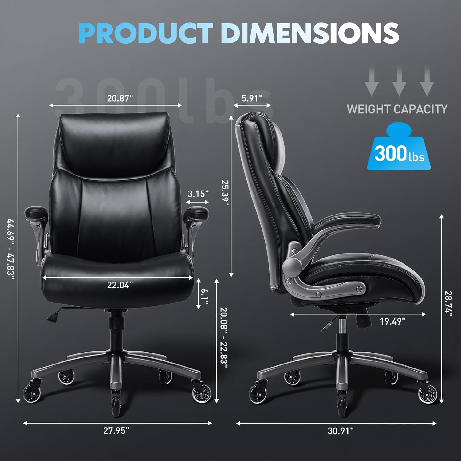 MALOL Ergonomic High-Back Executive Office Chairs, Heavy Duty Home Computer Chair with Lumbar Support, Flip-Up Arms, and PU Leather Upholstery, Black