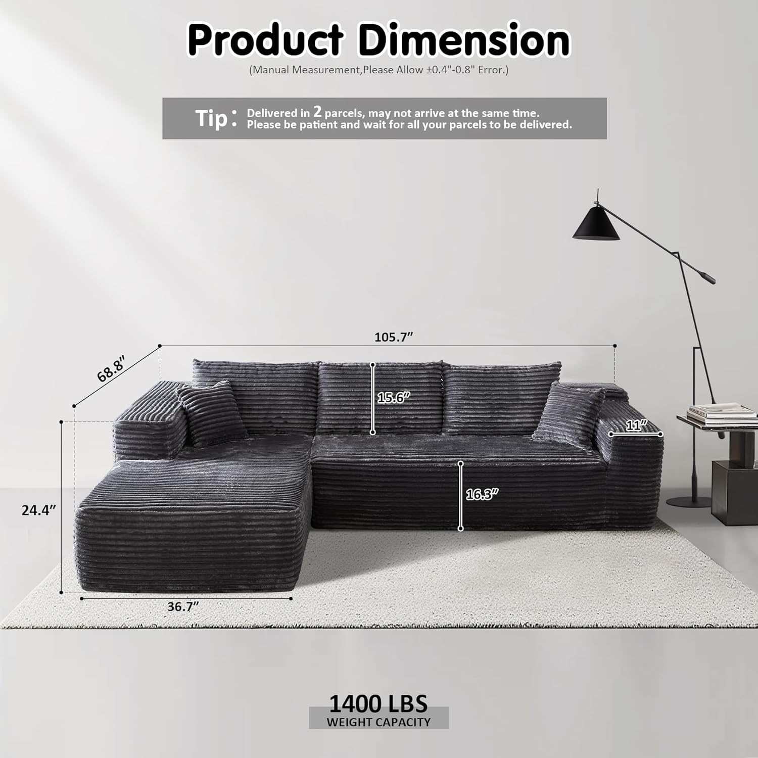ovios 104 Cloud Sectional Couch with L-Shape Chaise,Modern Modular Sofa with Deep Seat, Upholstered Couches for Living Room Bedroom,No Assembly Required, Grey (Plush Corduroy Fabric)