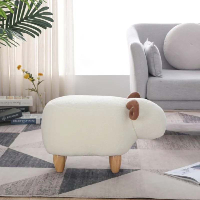 Sherpa Velvet Ottoman with Rubberwood Legs White Pet Stool Seat for Living Room or Kids