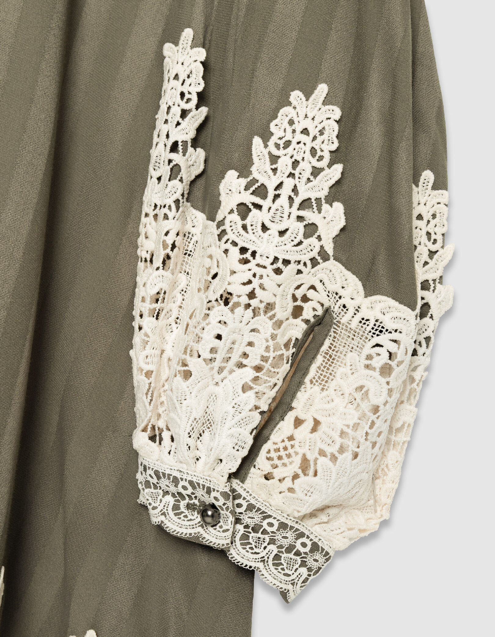 Robe ample kaki rayures bordée dentelle Femme