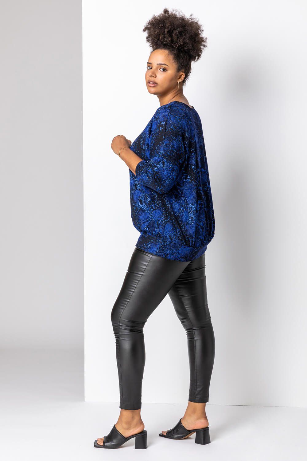 Roman Curve Batwing Sparkle Snake Print Top
