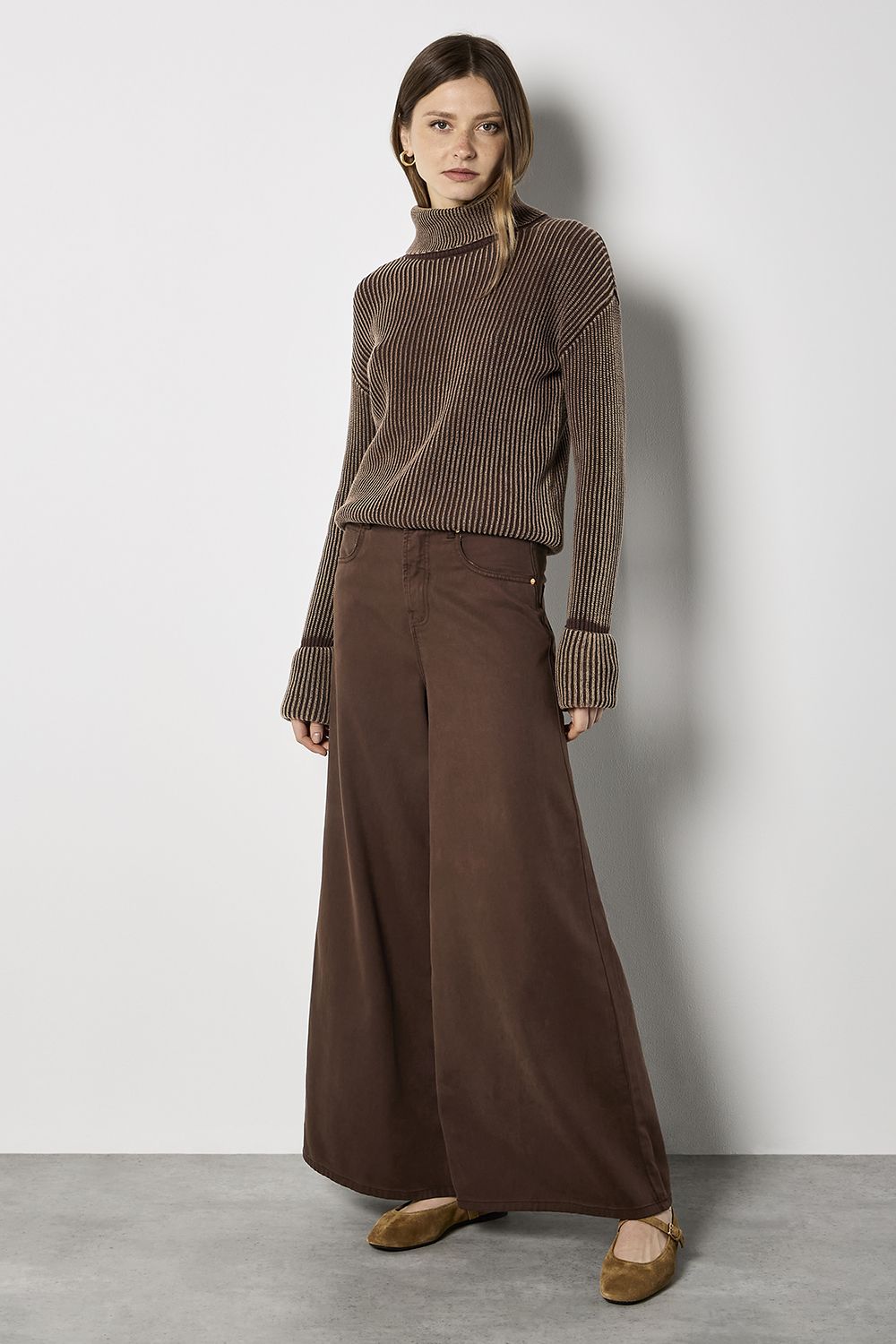 Apricot Roll Neck Ribbed Stonewashed Jumper
