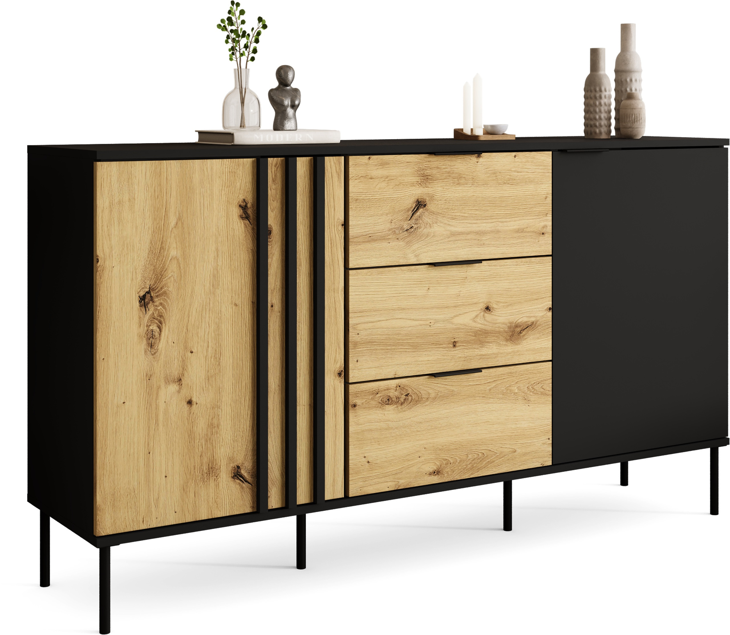 Komoda dwudrzwiowa z szufladami 165 cm RUSTICA czarna