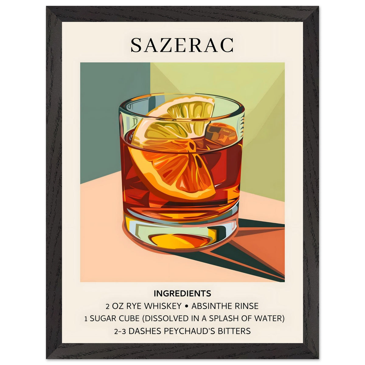 Artfulprints Poster met Lijst Sazerac cocktail - Ingrediënten  - 30x40 cm - Meerkleurig