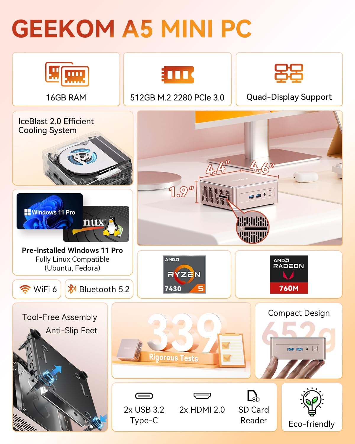GEEKOM A5 Mini PC (3-Year Coverage) with AMD Ryzen 5 7430U  16GB RAM(Expandable  Not LPDDR)  512GB NVMe SSD  Windows 11 Pro Desktop Computer  8K Quad Display  HDMI 2.0  SD 4.0 Slot  Bunsiness Home
