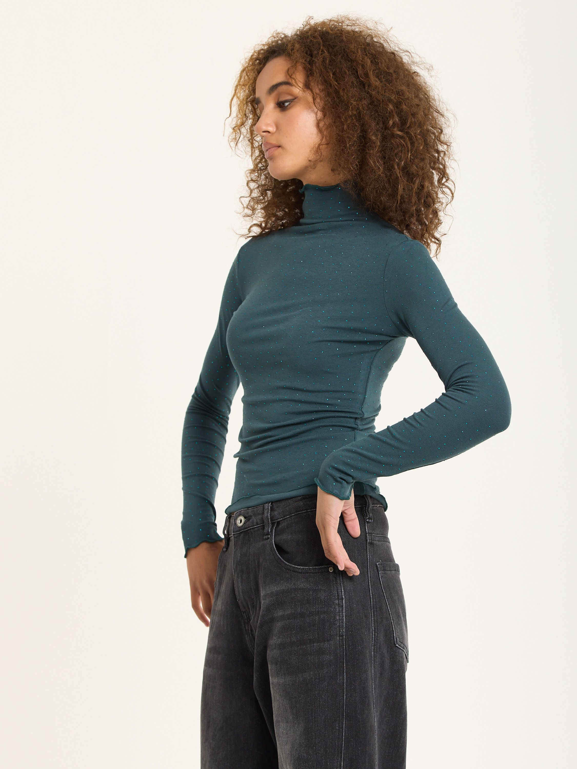 House of Holland Green Rhinestone Detail Roll Neck Top