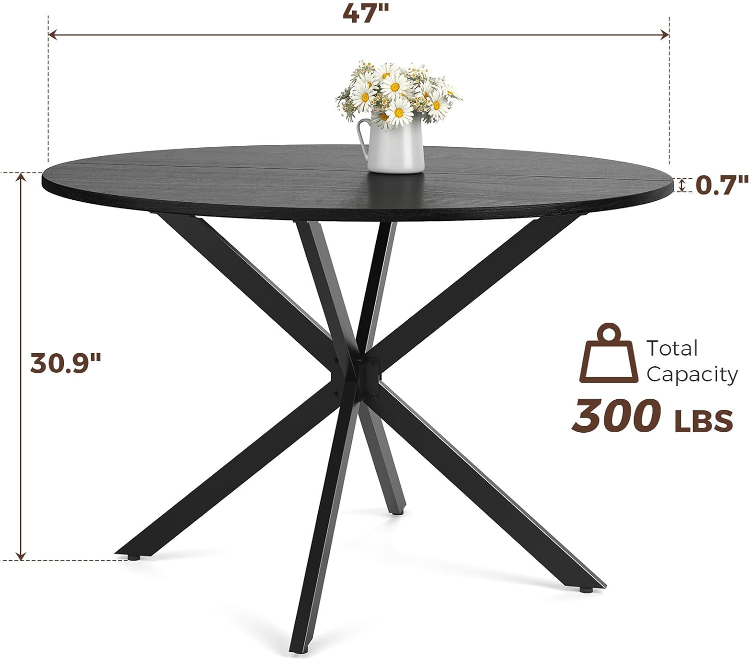 Unovivy 47 Inch Round Dining Table for 4, Space Saving Circle Dining Table with Pedestal Metal Frame, Industrail Modern Round Kitchen Table for Living & Dining Room, Black