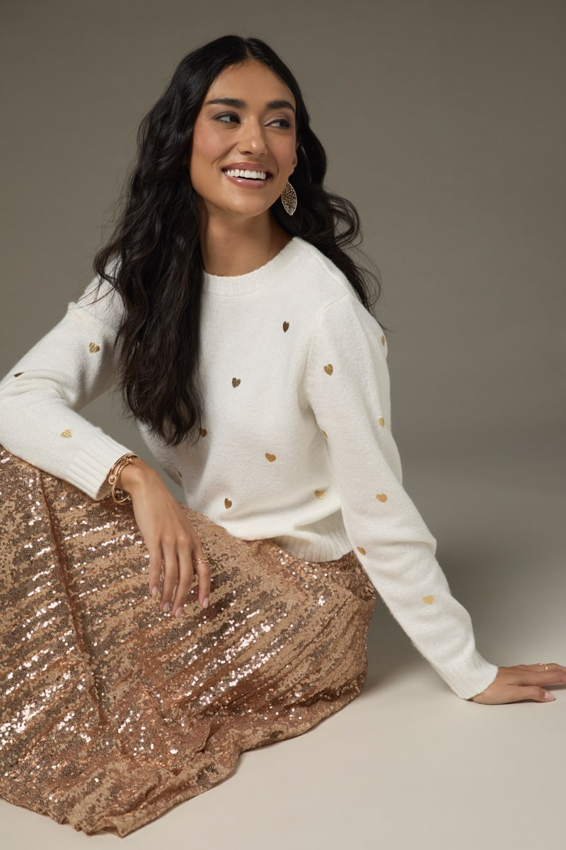 Jennifer Gold Heart Embellished Pullover Sweater