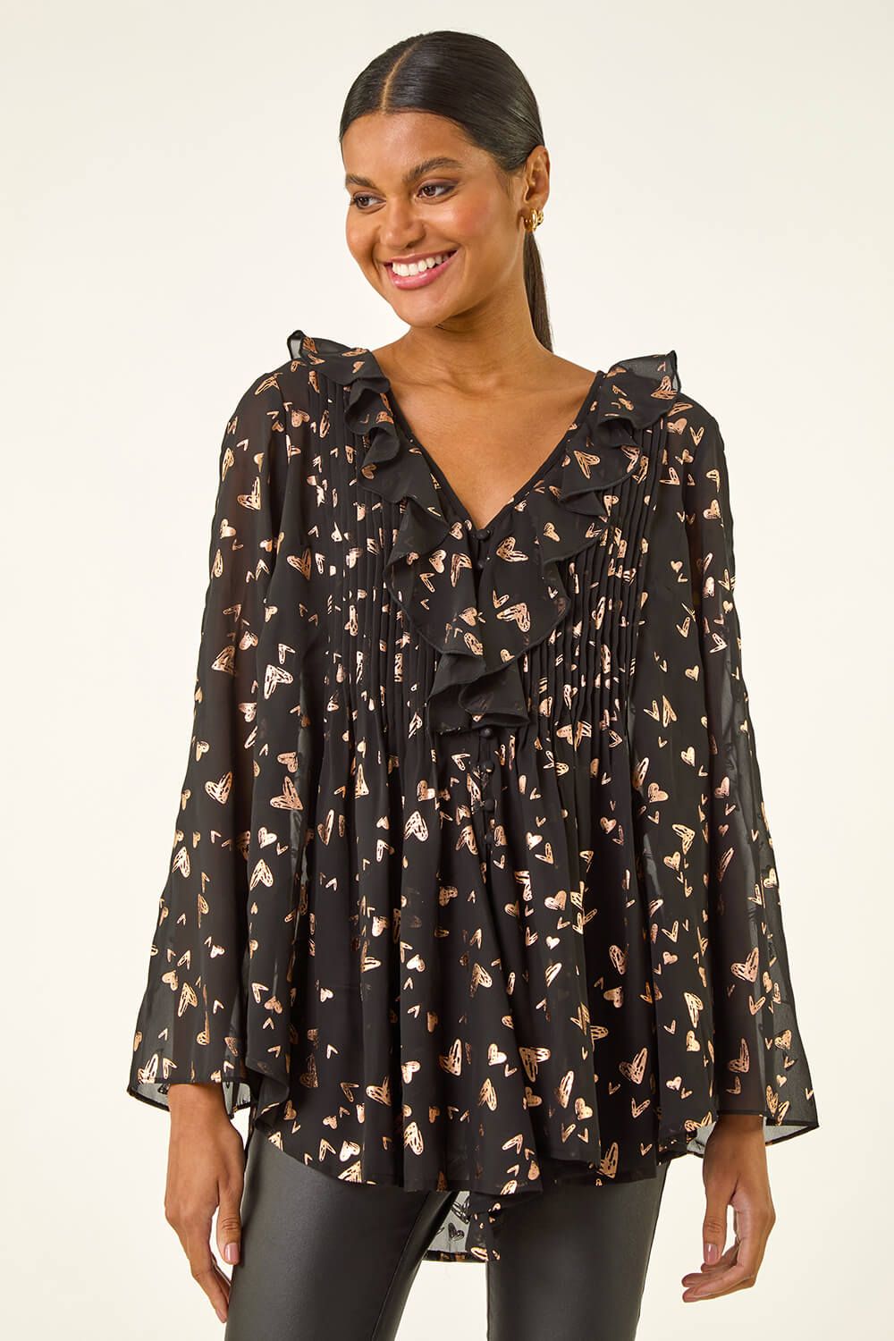 Roman Foil Heart Print Frill Front Blouse