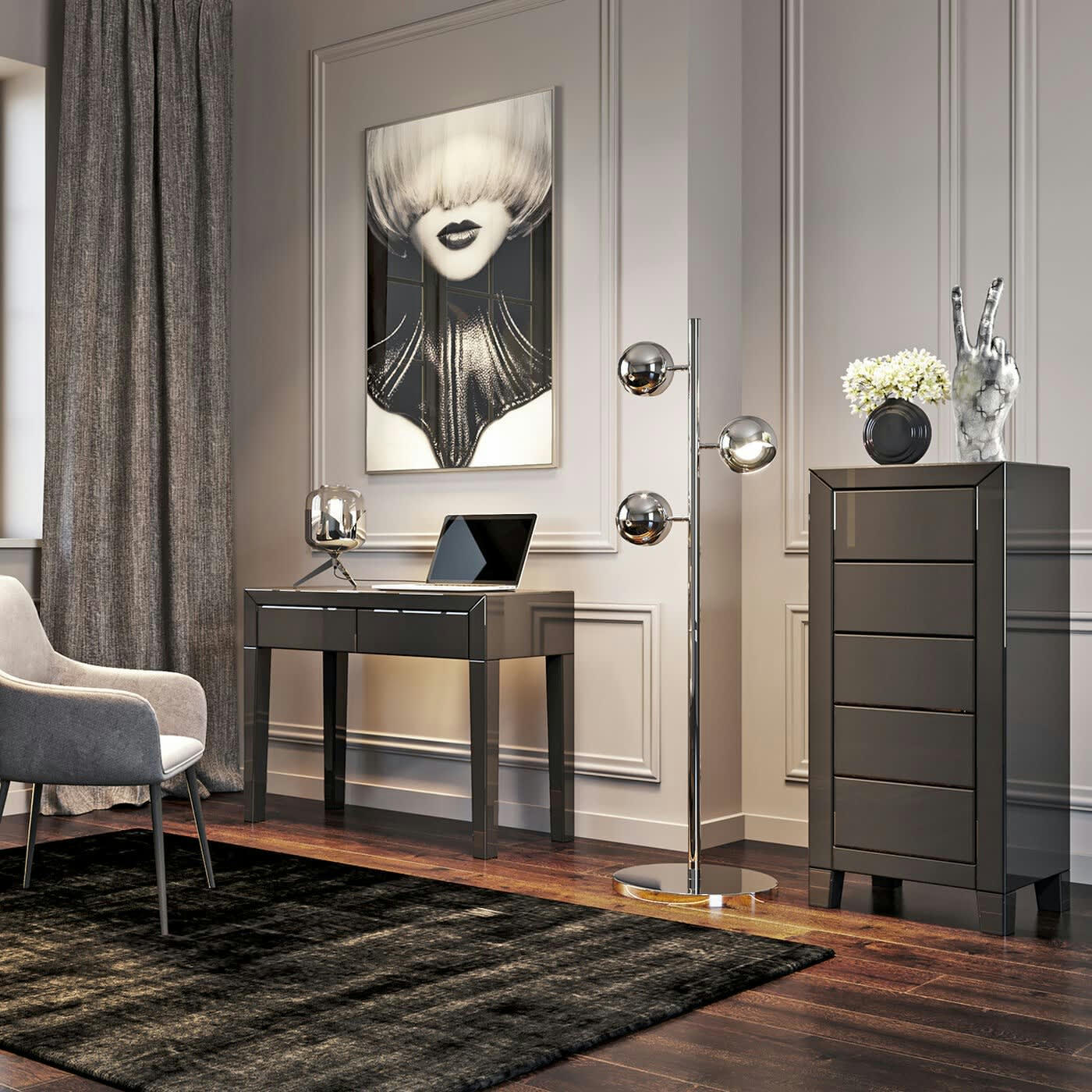 LUXURY PUSH - Chiffonnier 5 tiroirs en verre gris