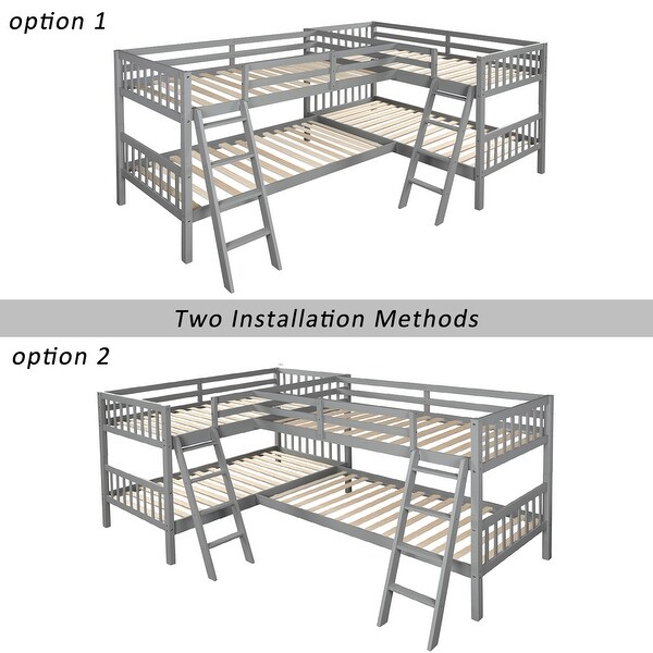 L-Shaped Twin Size Bunk Bed, Quad Bunk Bed with Guardrail & 2 Angle Ladder, Wood Corner Bunk Beds for 4 Kids, Teens, Adults