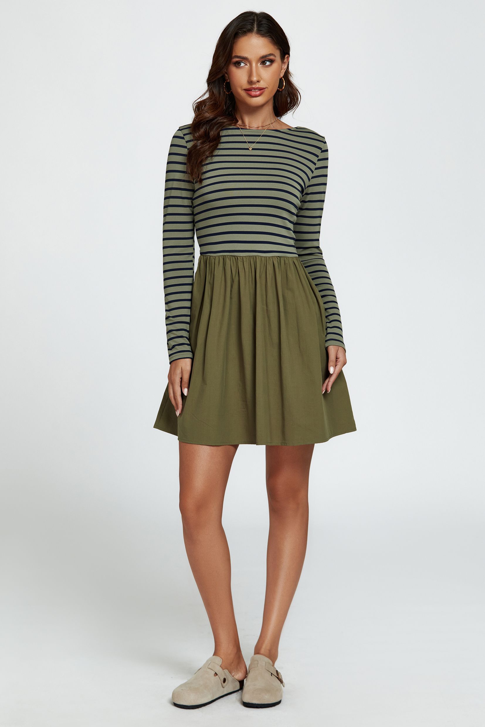 FS Collection Long Sleeve Stripe Mini Dress In Olive