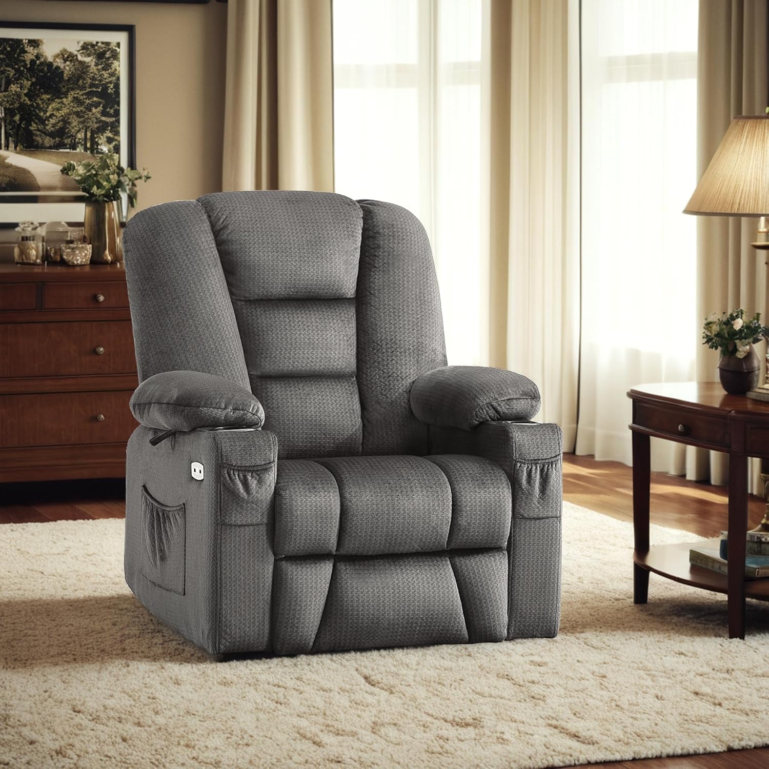 MCombo Power Lift Recliner Chair with Massage and Heat for Elderly People, Cup Holders, USB Ports, Side Pockets, Fabric 7529 (Medium, Grey)
