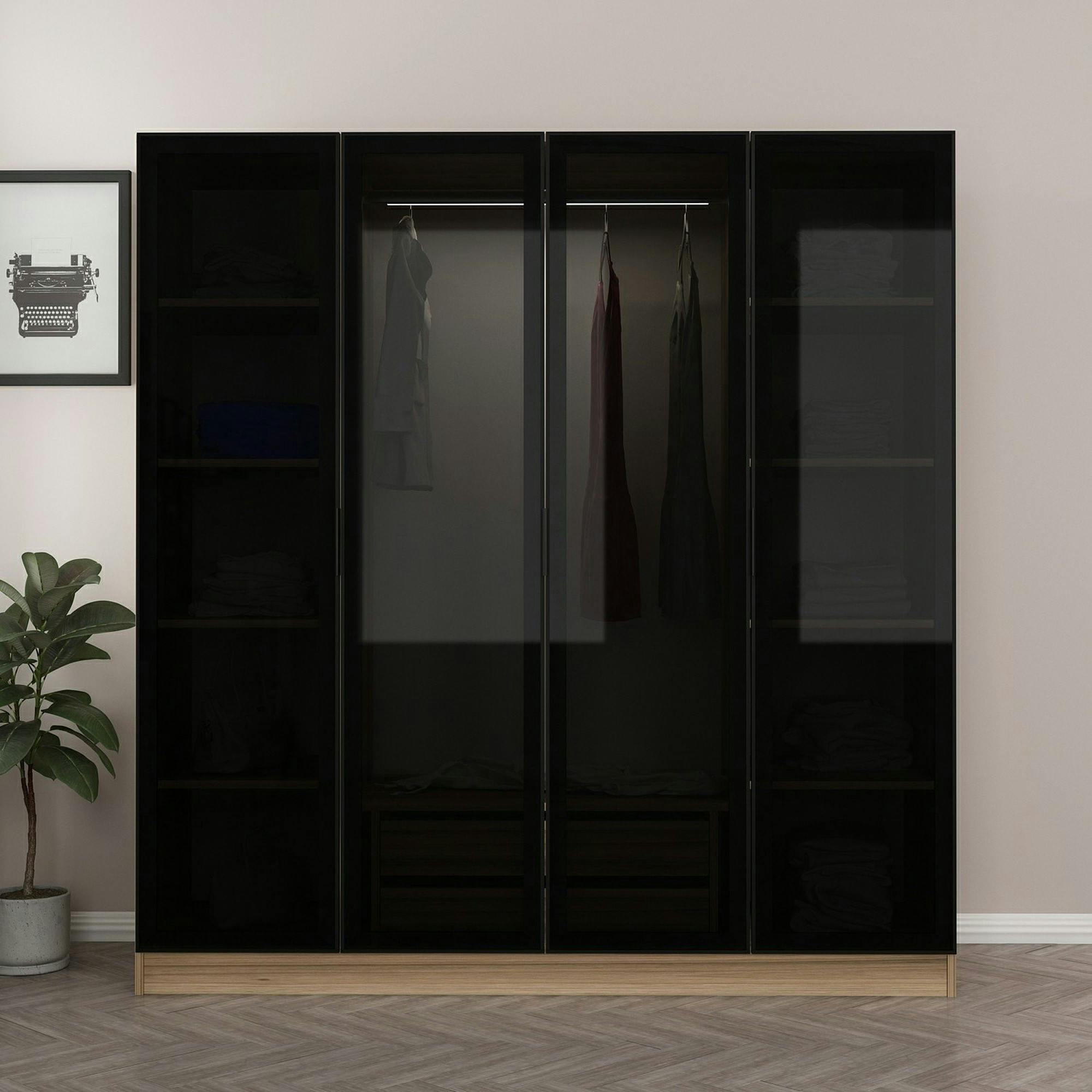 Armoire penderie design effet bois 4 portes verre H 210 cm BYRON