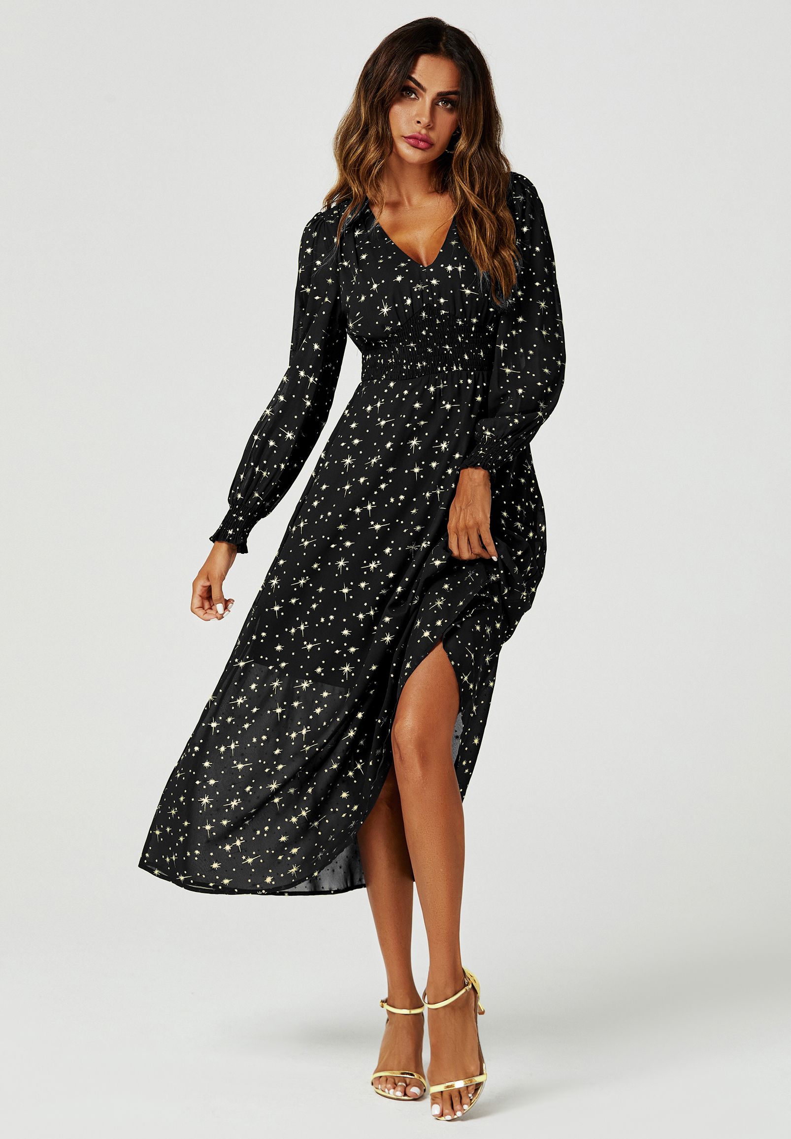 FS Collection Gold Star Foil V-Neckline Long Sleeve Maxi Dress In Black