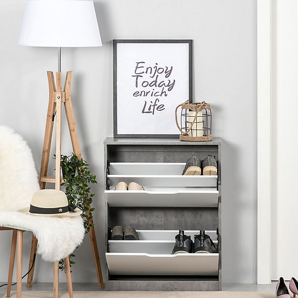 Armoire à chaussures meuble à chaussures dim. 62L x 26l x 81H cm 2 portes abattantes blanc effet béton ciré