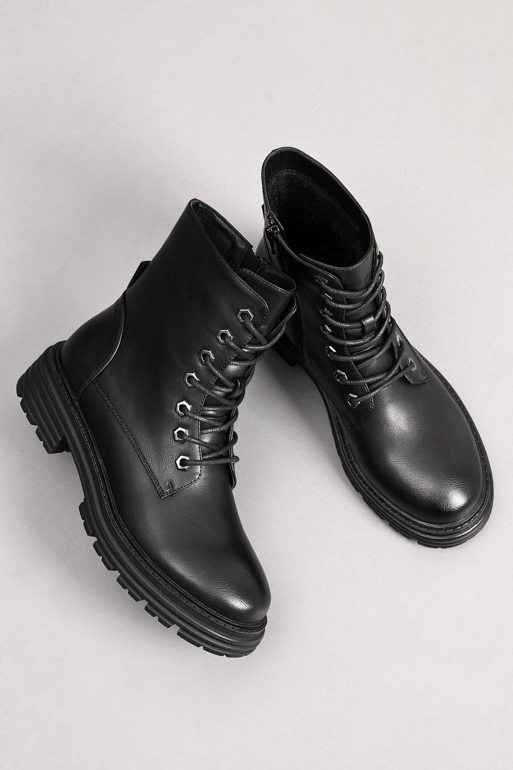 IVACHY Lace Up Black Chunky Combat Style Hexagon 7 Eyelets Platform Ankle Boots