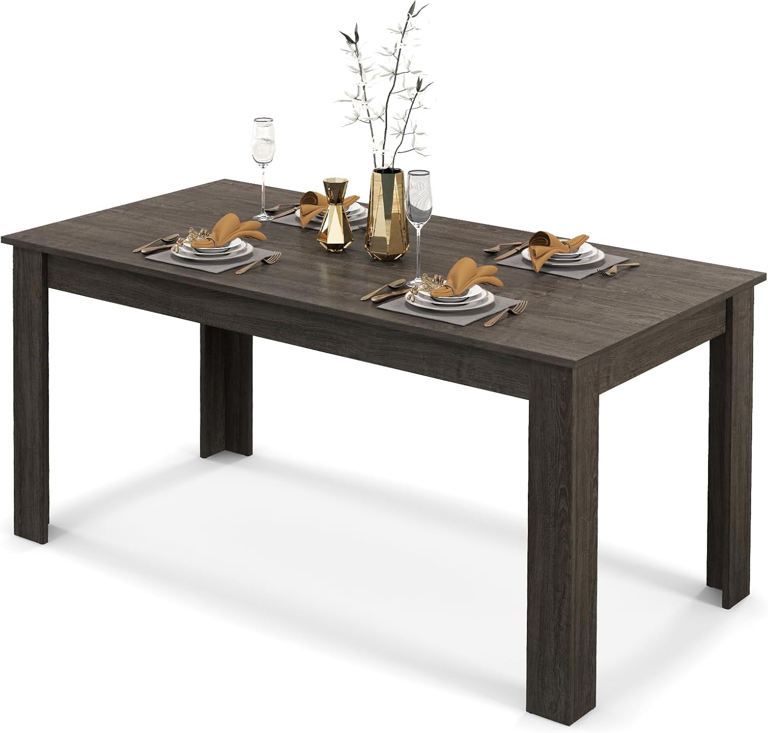 COSTWAY 63' Rectangular Dining Table for 4-6 People, Modern Farmhouse Dinette Table with Large Computer Workstation, Grey