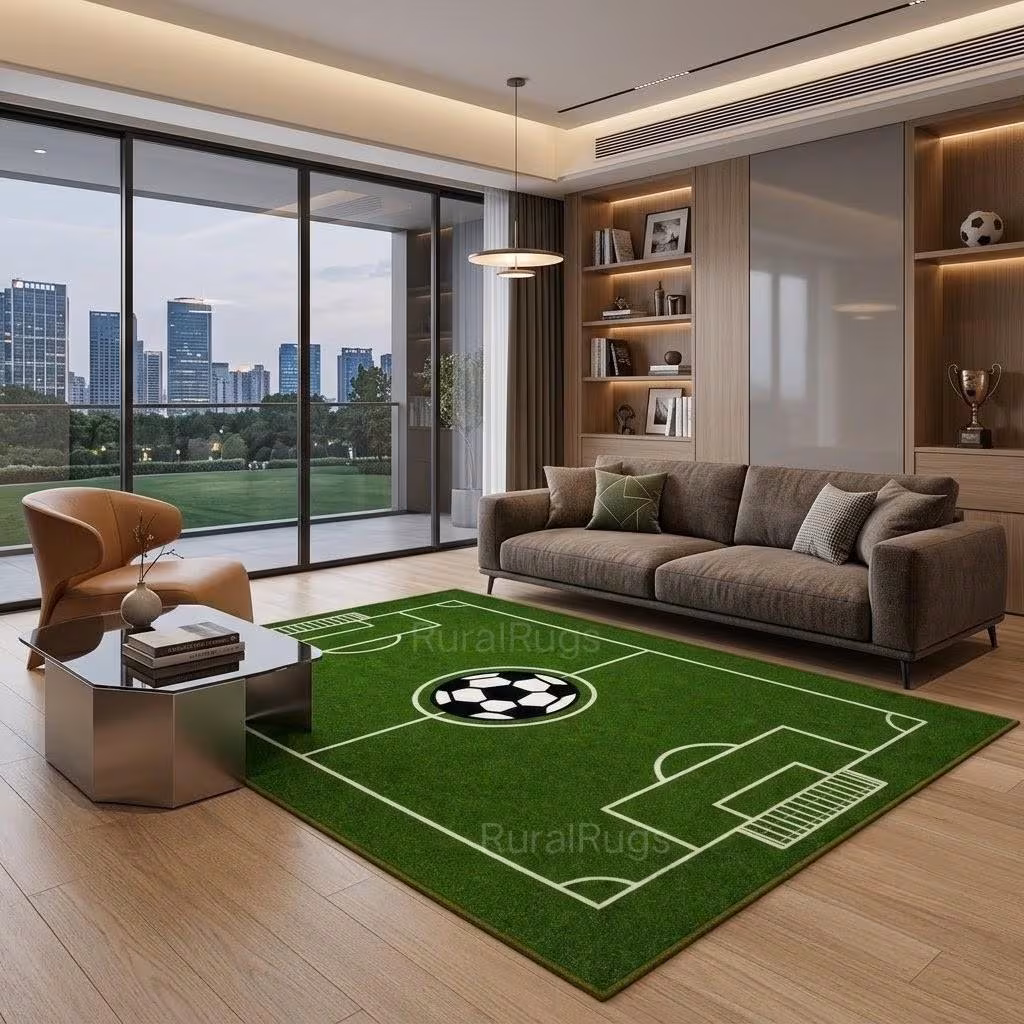 Soccer Field Rug, Football Rug for Boys Room, Green Sports Rug, Kids Playroom Carpet, Soccer Lover Gift, Wool Area Rug, Sports Decor