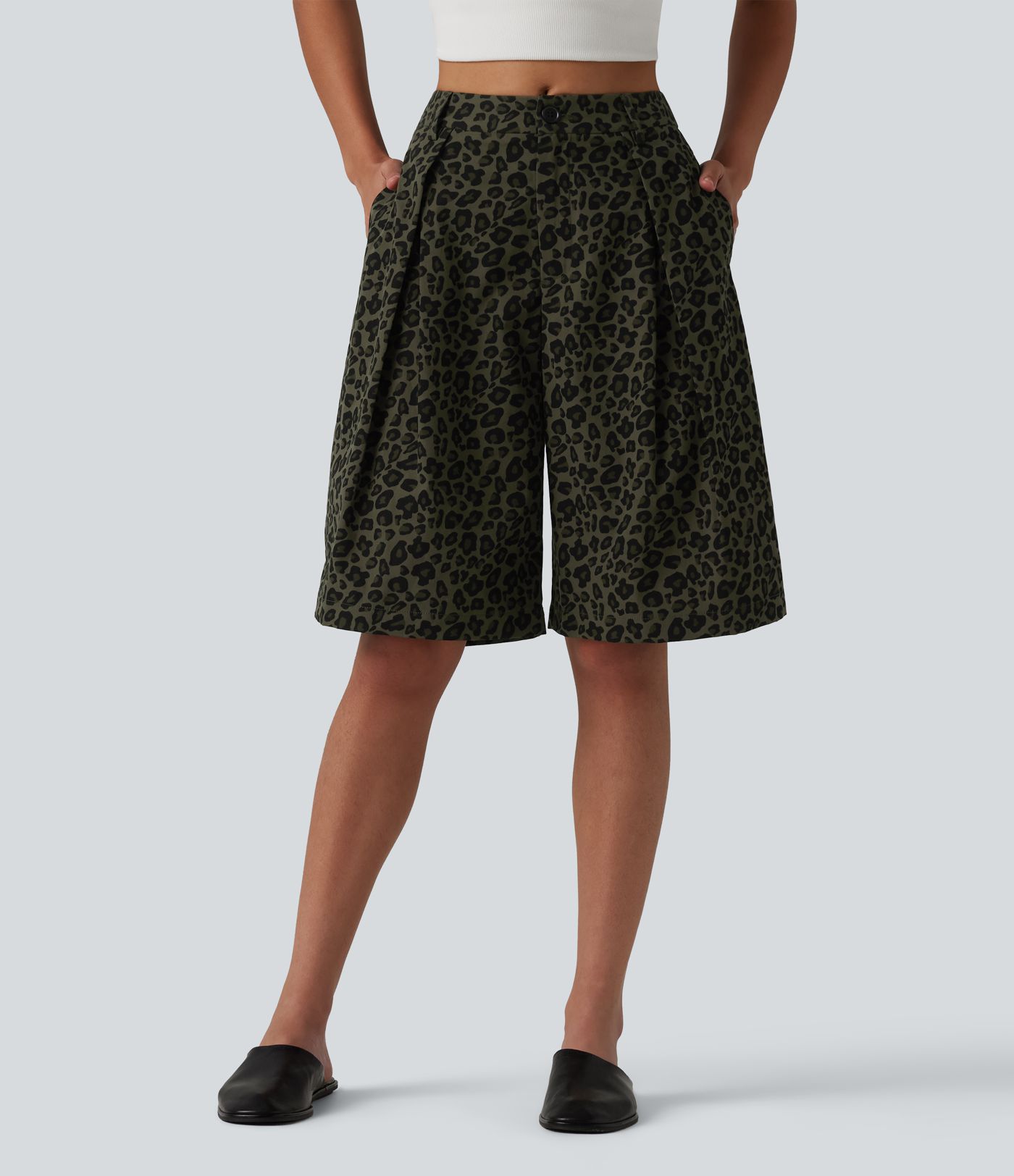 Short ample décontracté à imprimé léopard taille mi-haute, 25 cm, avec poches