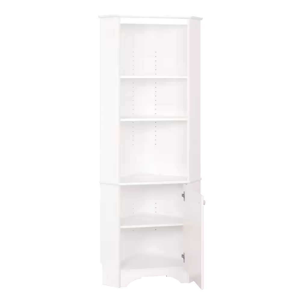 Prepac Elite 1-Door Corner Storage/Display Cabinet With Open Adjustable Shelves, White
