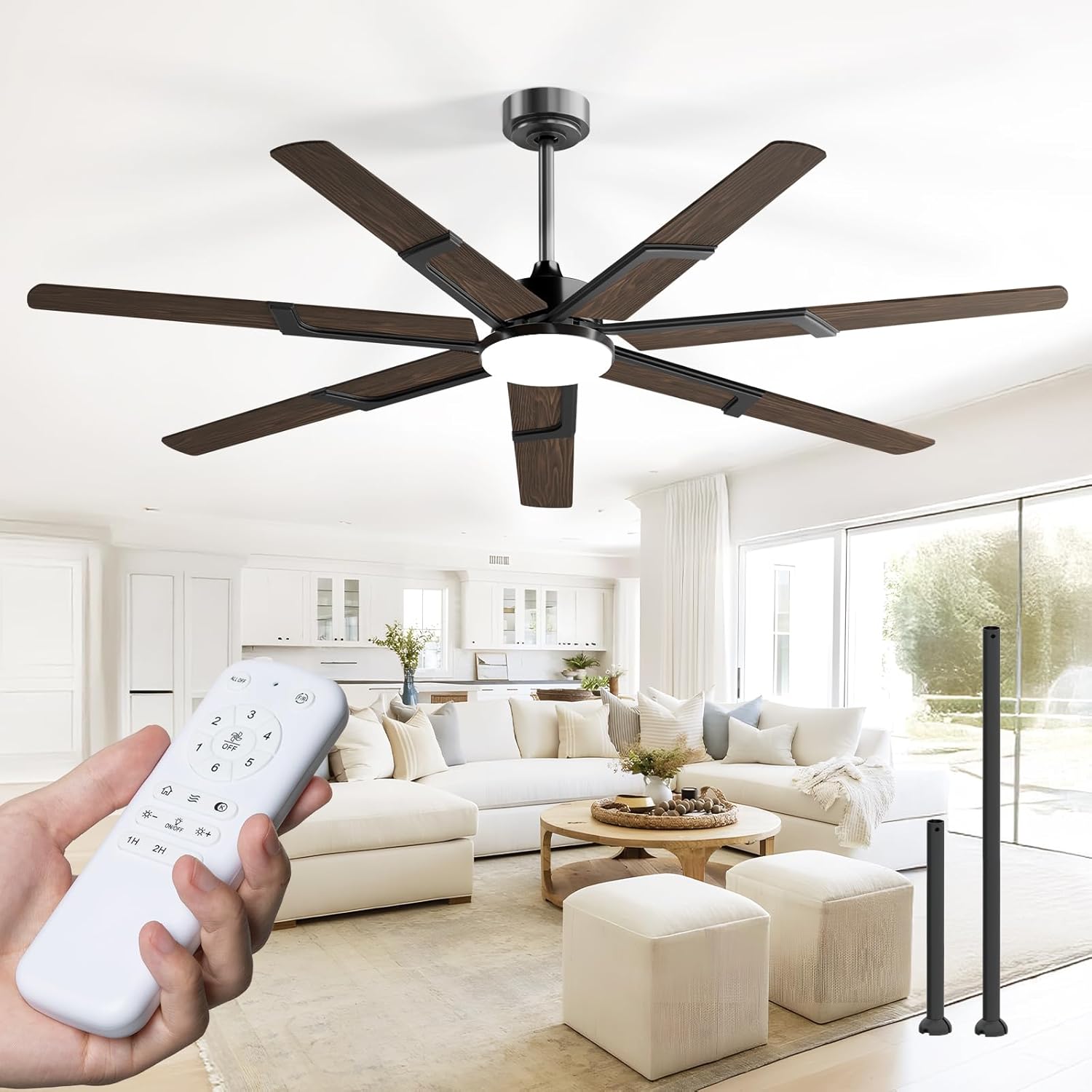 Amico Ceiling Fans with Lights,66 inch Walnut Ceiling fan with Light and Remote, 6 Speed Reversible DC Motor, 3CCT, Dimmable, Quiet, Timer, Outdoor Ceiling Fans for Patios, Indoor/Outdoor