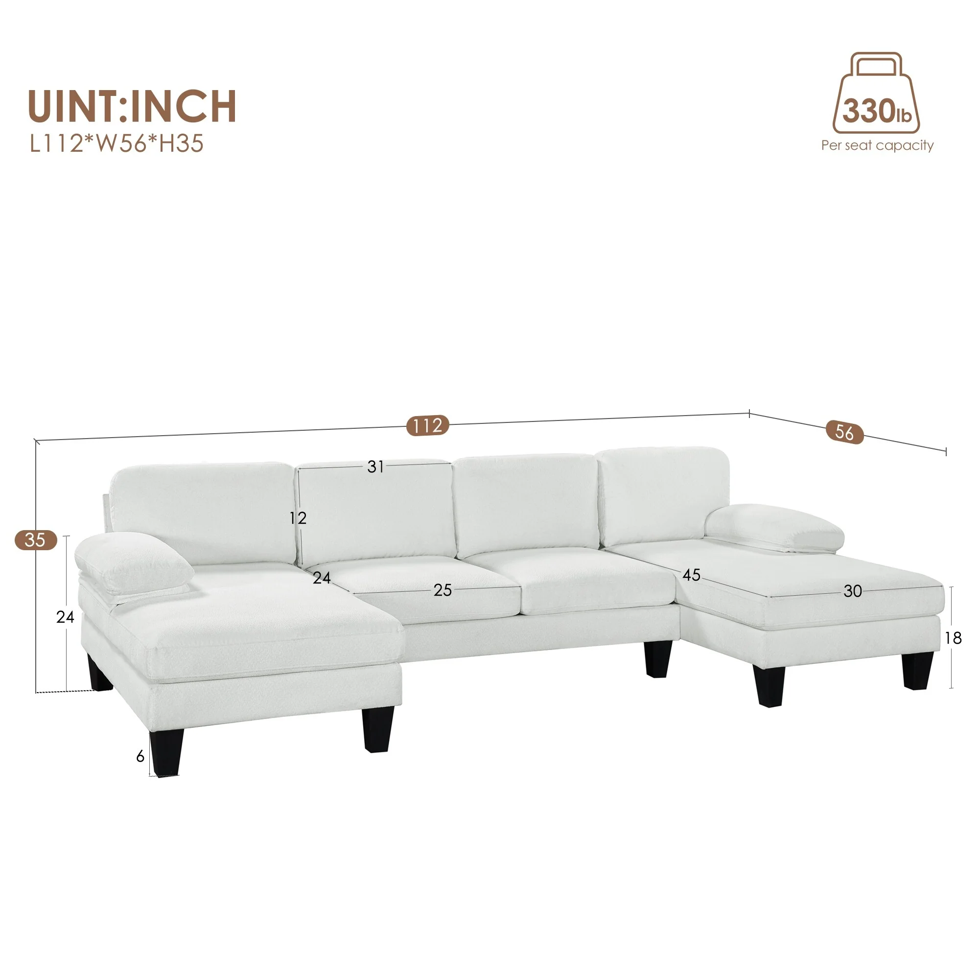 112'' Spacious U-Shaped 6-Seat Sectional with Double Chaise and Durable Design