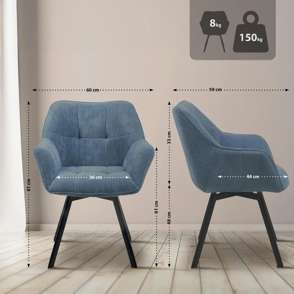 CLP Set van 2 Eetkamerstoel Jordi zwart Frame - Ribstof - blauw