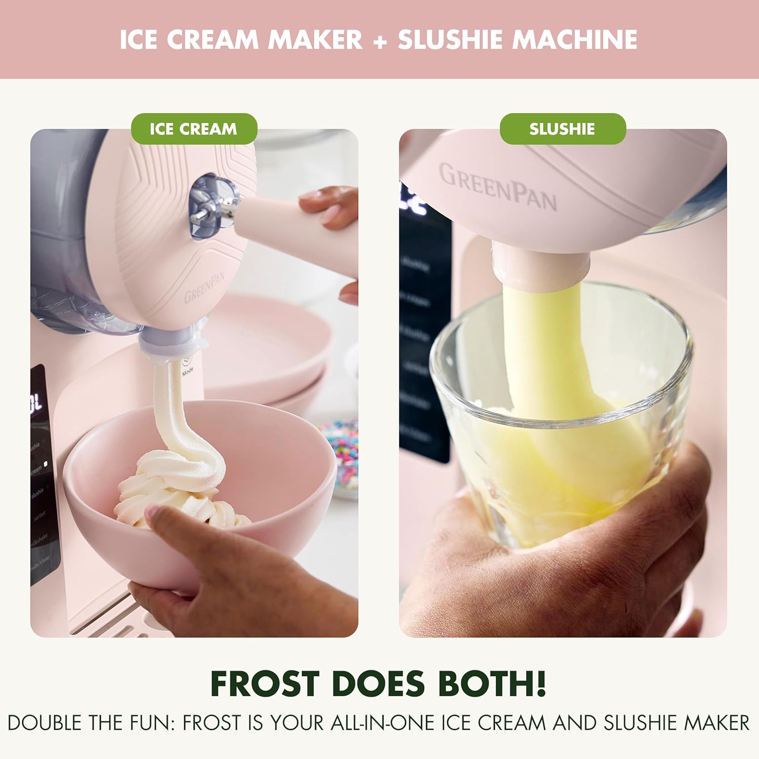 GreenPan Frost Ice Cream Maker & Slushie Machine, Soft Serve, Sorbet, Margaritas, Milkshakes, Frozen Yogurt, No Pre-Freezing, Ready in 15 Mins, 6 Modes, 7 Textures, Self-Cleaning, Family Size, Pink