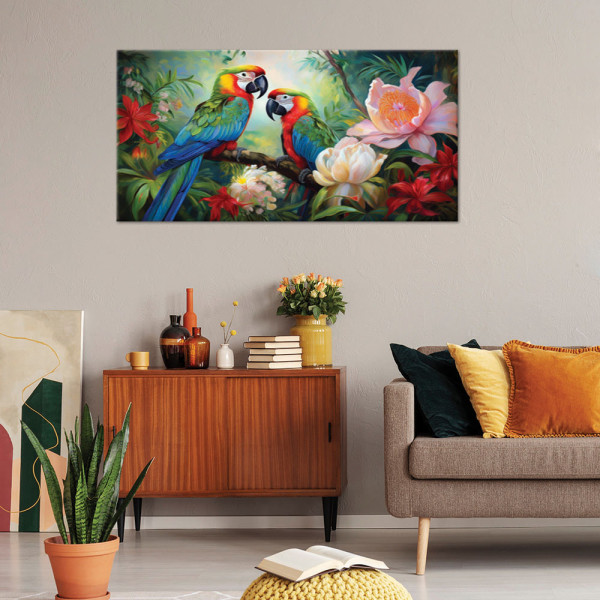 Feeby Obraz na płótnie, Kolorowe Papugi Tropikalne Dżungla 120x60