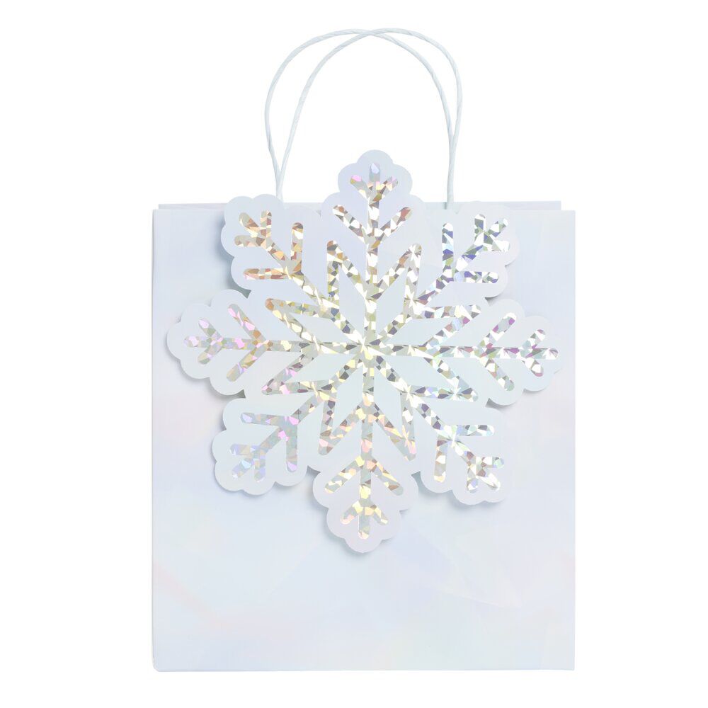 Sac cadeau No&euml;l boréal motif flocon iridescent bleuté 23x9xH25cm