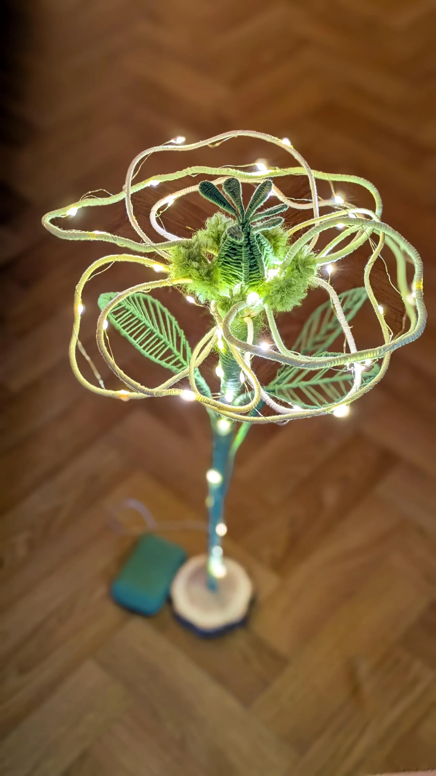 Handmade Textile Flower Lamp, Wire Art Botanical Accent Light, Yarn Wrapped Sculpture