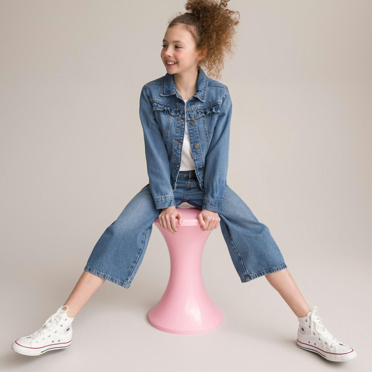Veste denim boutonnée, à volant