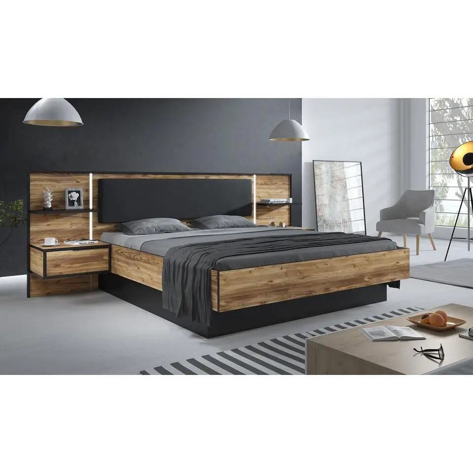 Meubella - Tweepersoonsbed Jacob - Zwart - Eiken - 180x200 cm