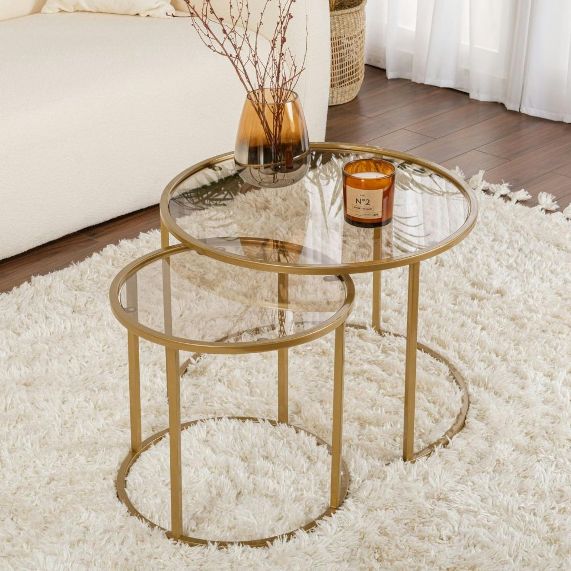 Table gigogne verre ambré - cadre doré (lot de 2) ⌀60 cm TULUM