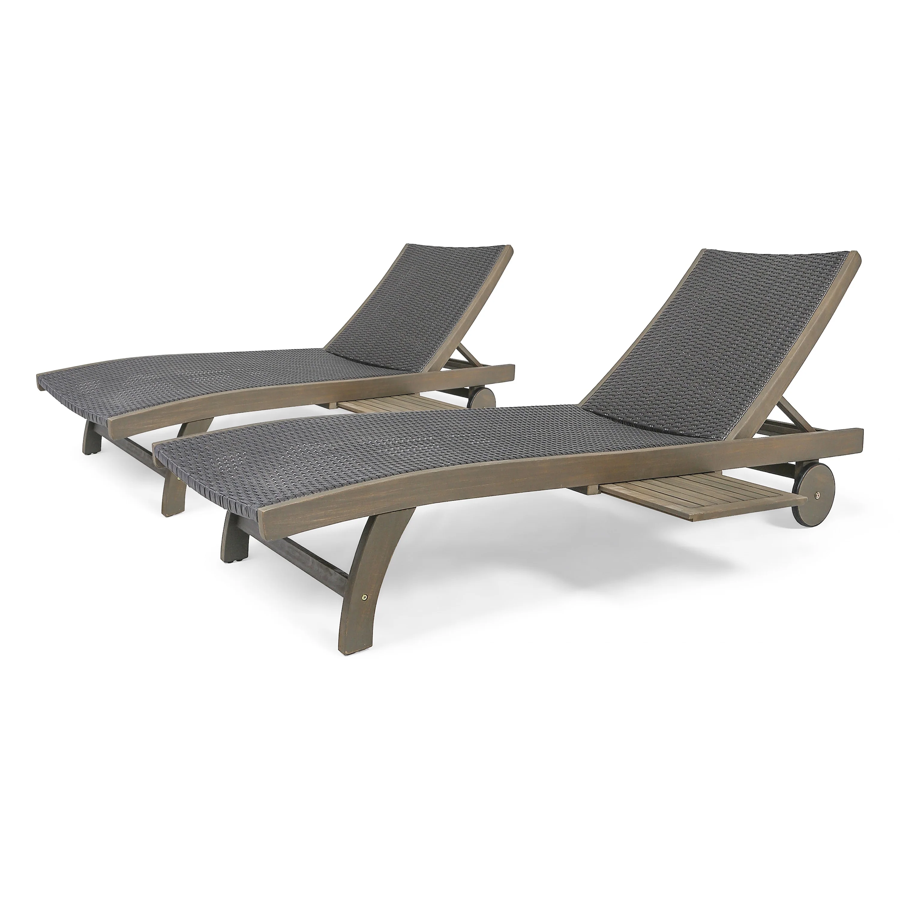 Outdoor Wicker Chaise Lounge Set of 2 with Wheels and Pull-Out Tray, Adjustable Backrest for Poolside Garden
