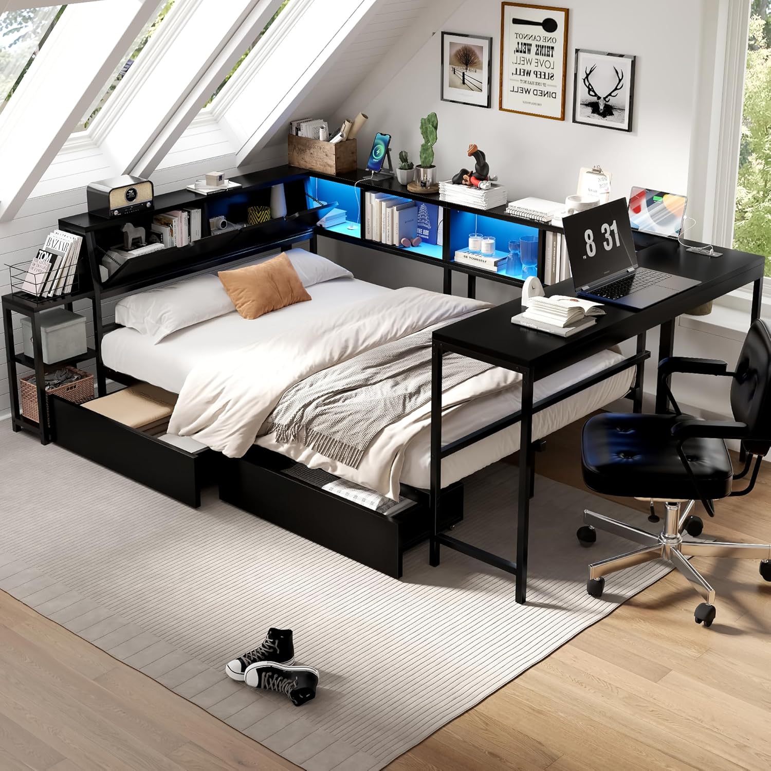 Bellemave Full Corner Bed Frame with Desk and Storage, Full Size Captains Bed with Charging Station and LED Light, Wood Daybeds with L-Shaped Bookcase and 2 Drawers, Black