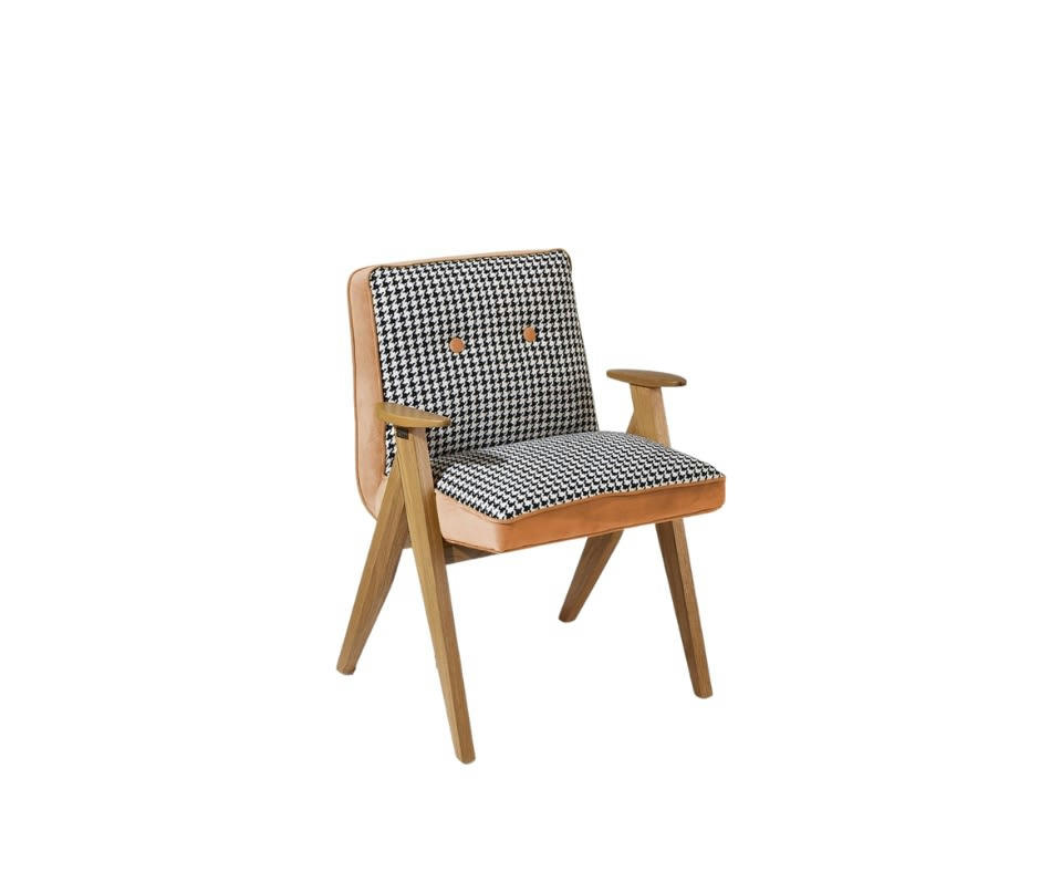 BILLY - Fauteuil tissu pied de poule et velours caramel