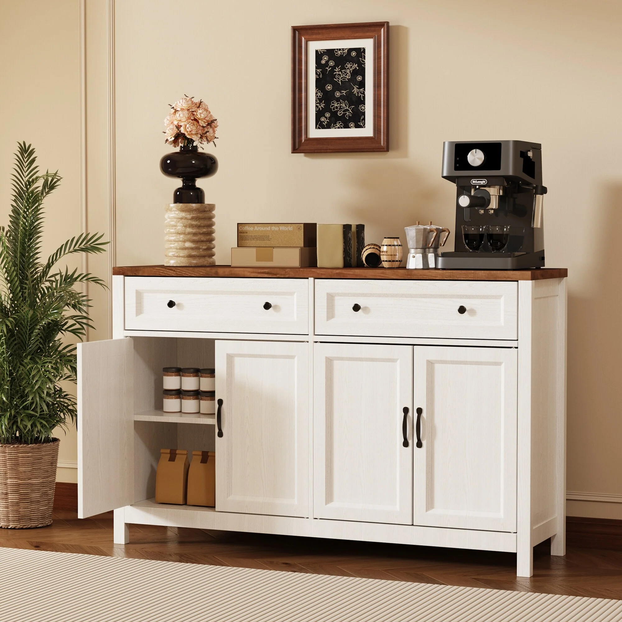 Farmhouse Kitchen Sideboard Buffet Cabinet with Storage, Wood Coffee Bar and Storage Sideboard with 2 Drawers and 4 Doors