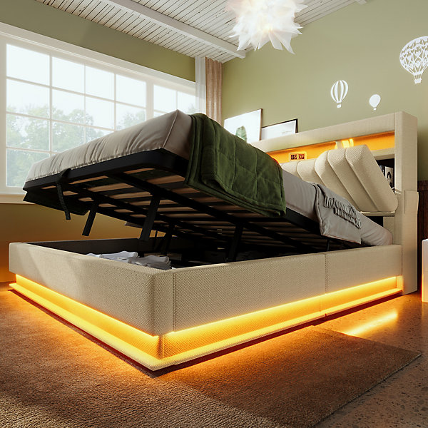 Lit 140x200 cm avec tête de lit LED et ports USB/Type-C, rangement hydraulique, revêtement lin beige