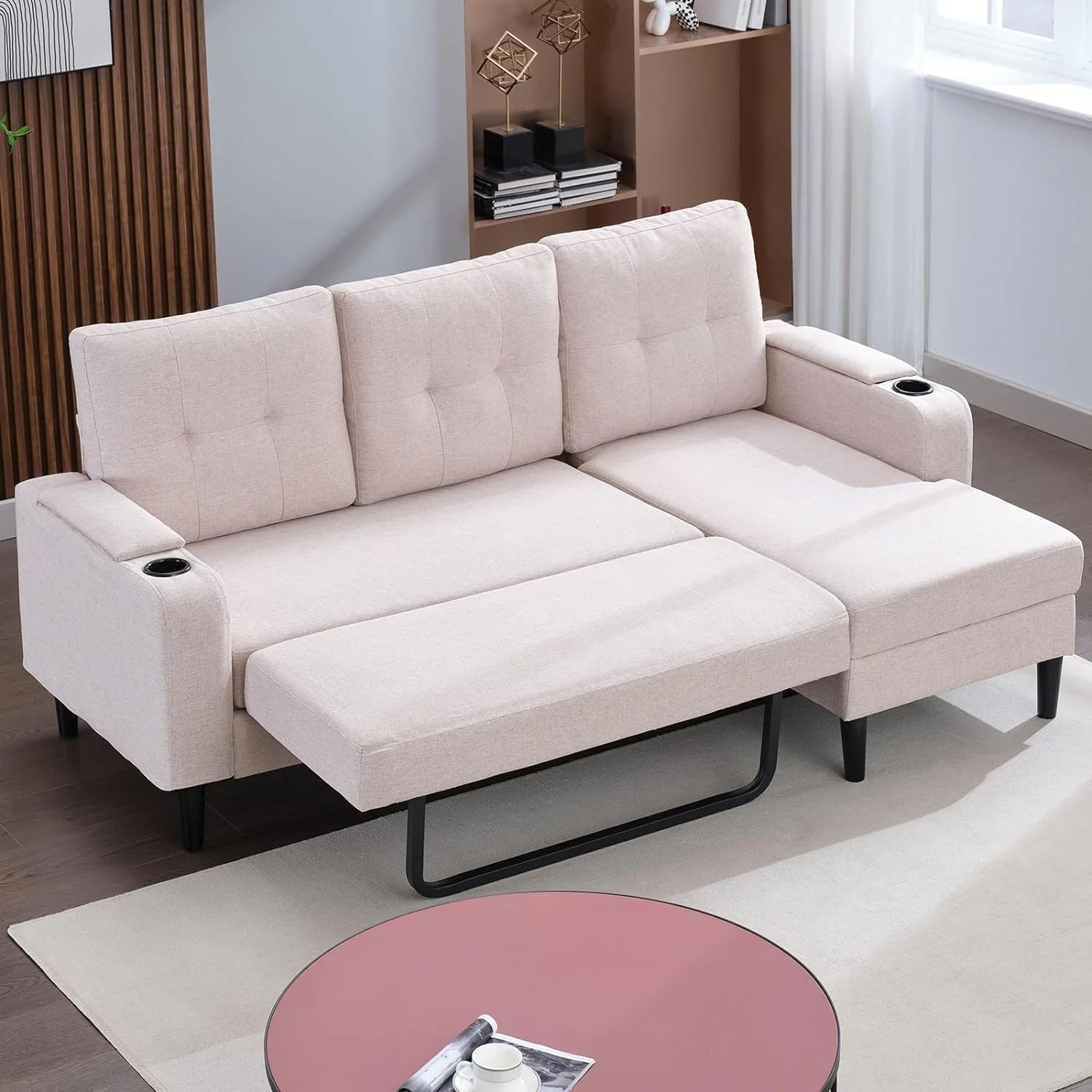 Mixoy Sectional Pull Out Sofa Bed,Convertible Sofa with Storage,Cup Holders,Reversible Sleeper Couches