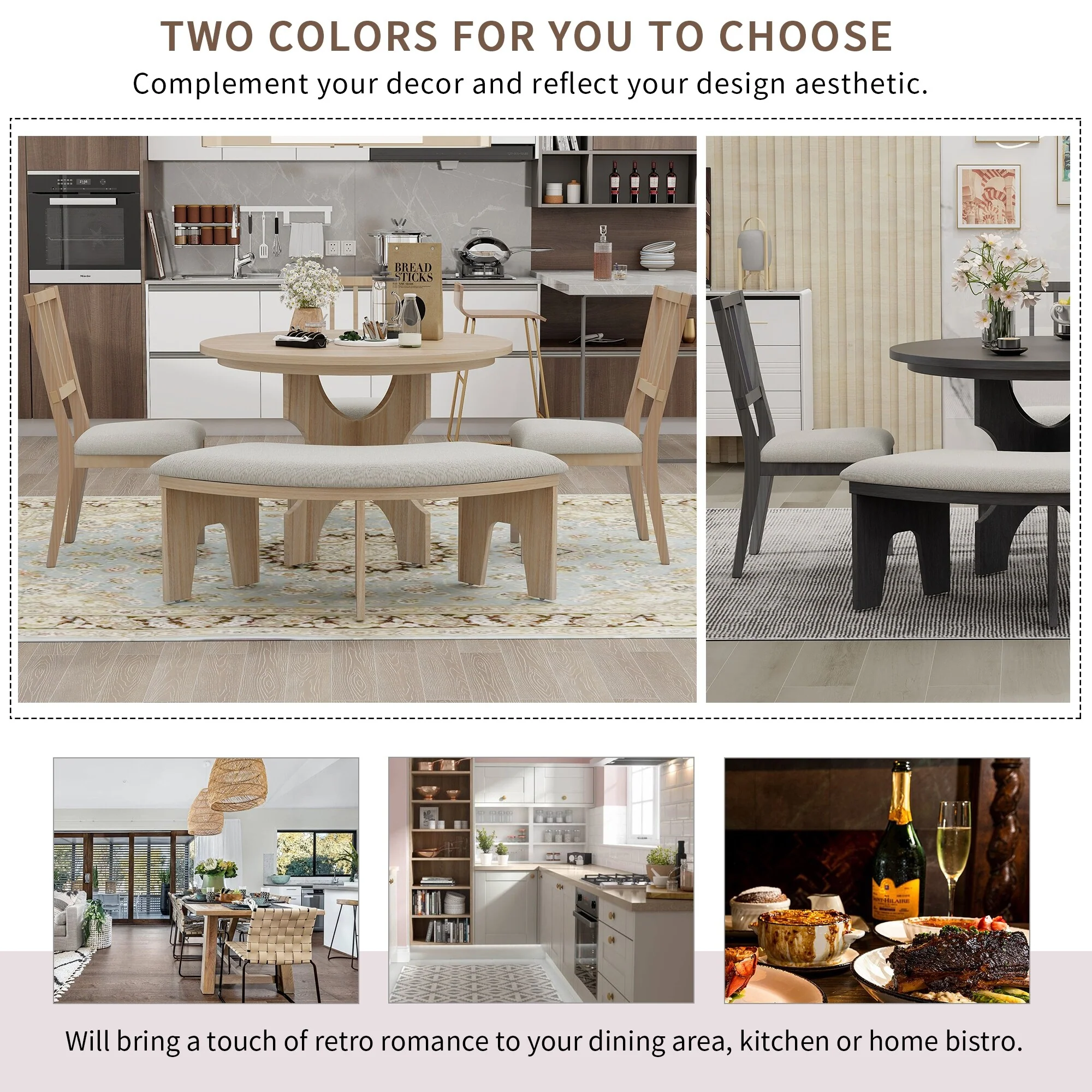 Rustic Style 5-piece Dining Set with Round Table, 3 Upholstered Chairs and Side Chairs